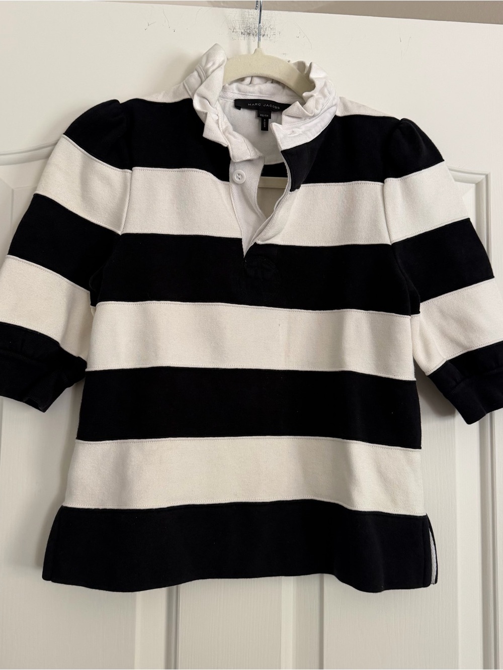 Marc Jacobs Black White Striped Rugby Shirt XS Ruffle Collar Preppy